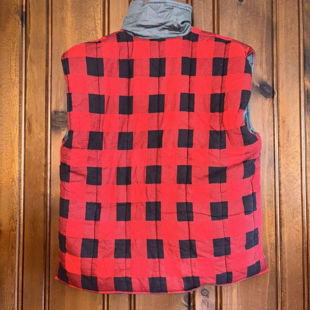 VTG Classic Collection Reversable Quilted Vest L Buffalo Plaid Gray Canvas Cargo